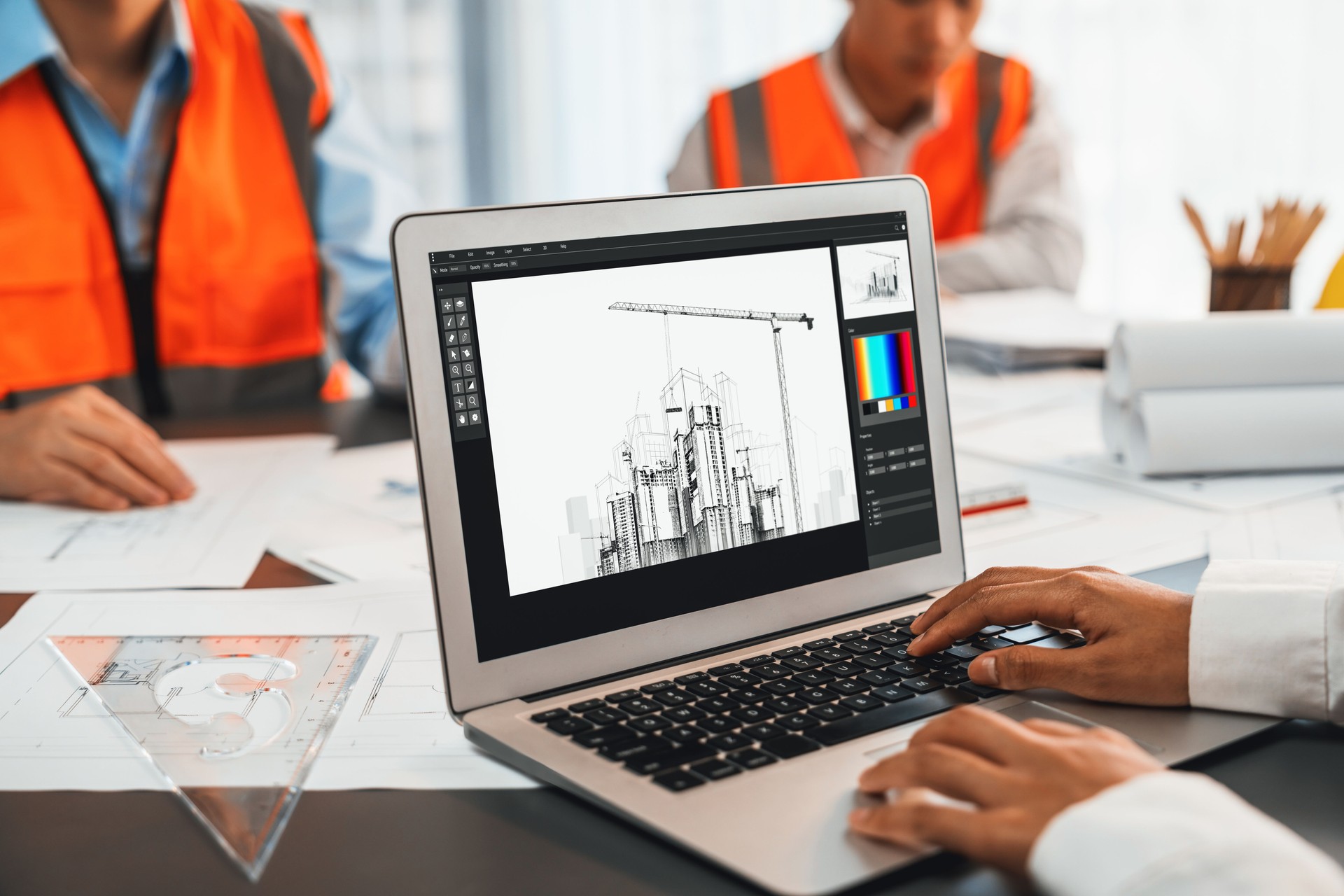 Engineer and architect using architect designing software together. Insight